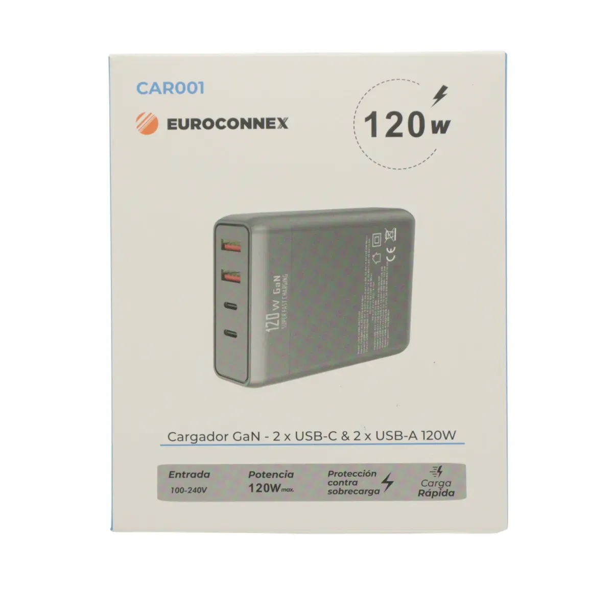 Cargador USB 120W (2x USB-A + 2x USB-C) - Universal con Entrada 100-240V