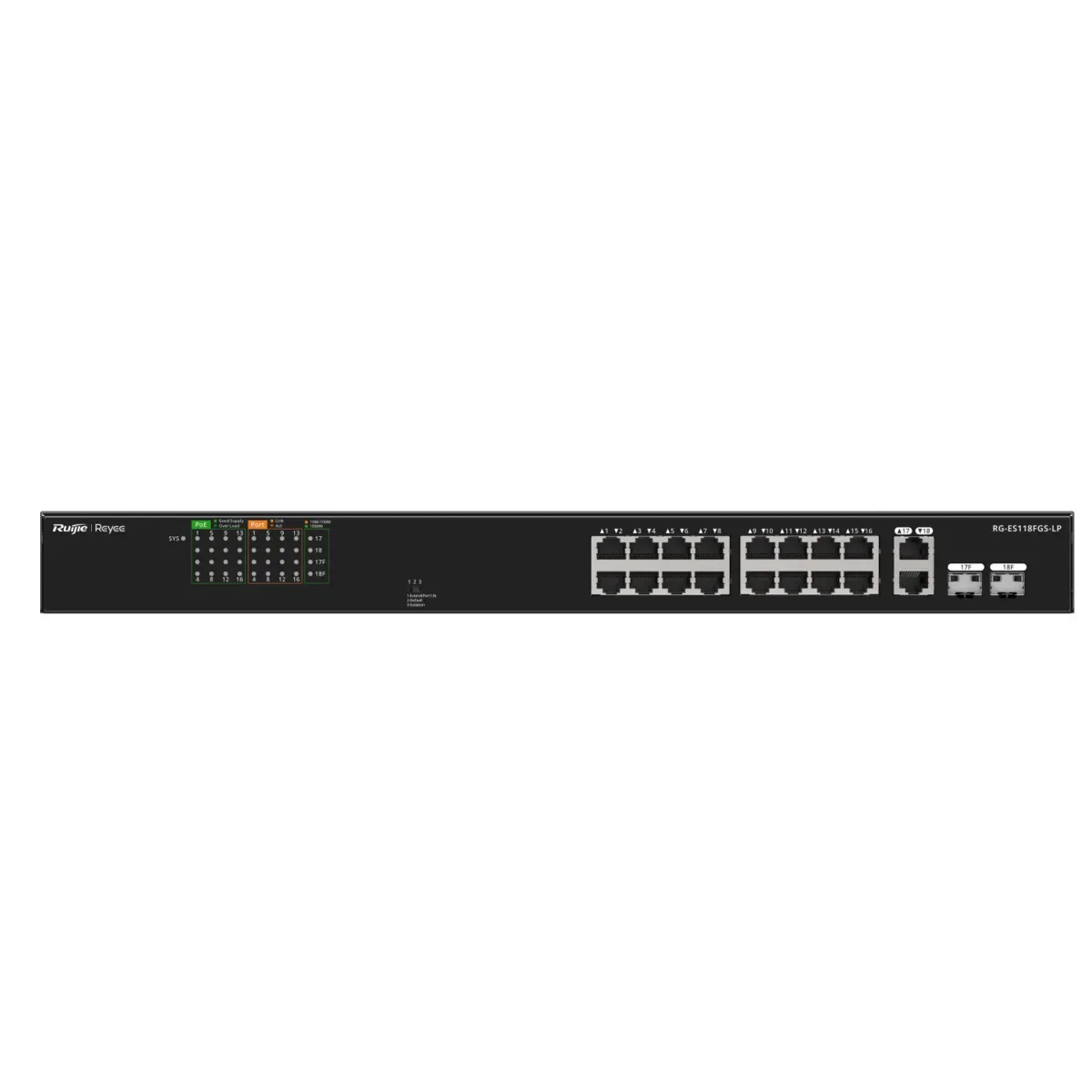 Reyee Switch PoE Sobremesa - Carcasa Metal - Enracable - 16 Puertos RJ45 10/100 Mbps + 2 Uplink Gigabit - 16 Puertos PoE+ 802.3af/at | Potencia total 120W - Plug and Play - Tecnología ahorro de energía