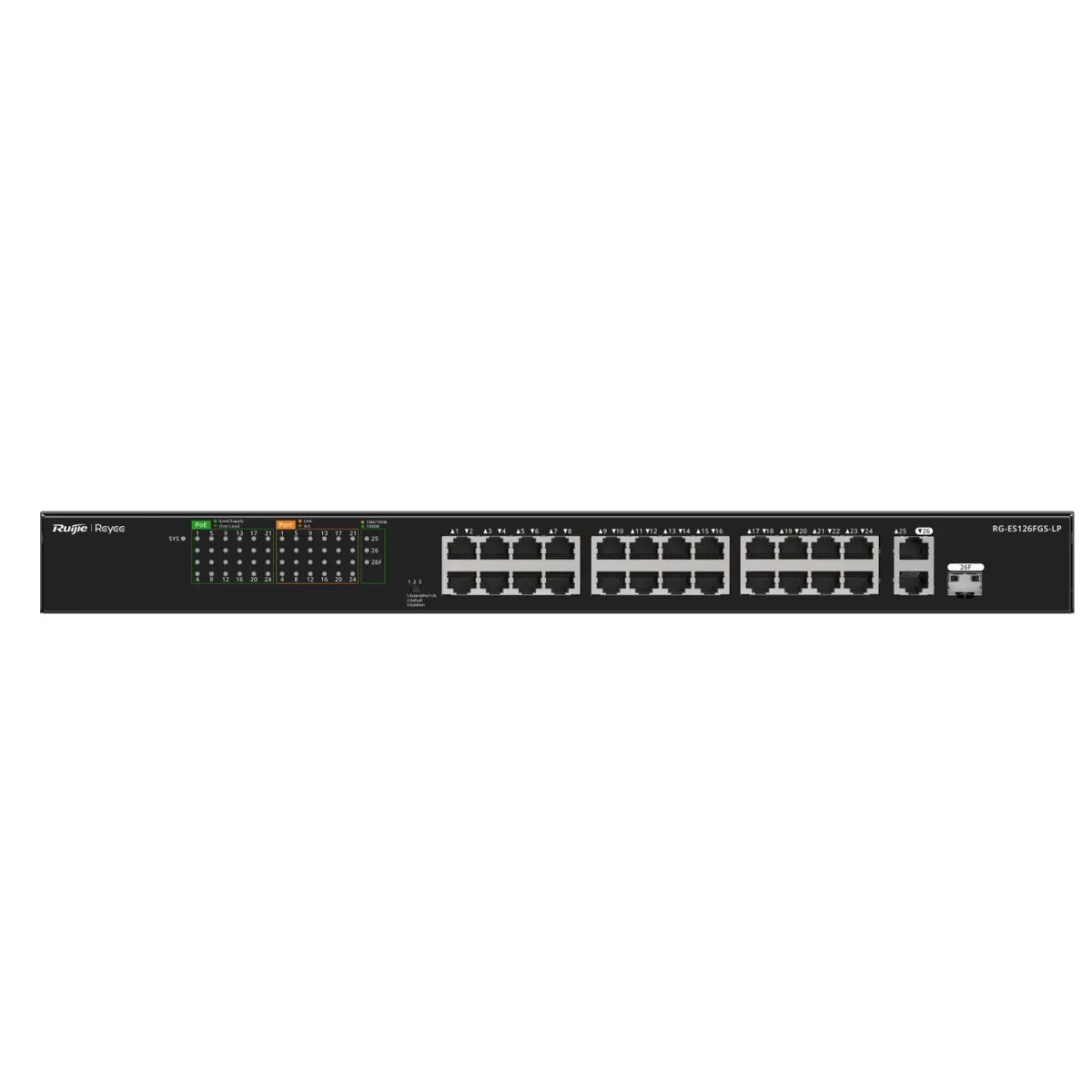 Reyee Switch PoE Enracable - 24 Puertos RJ45 + 1 Uplink RJ45 + 1 SFP Combo - 24 Puertos 10/100Mbps + 2 Puertos 10/100/1000Mbp - 24 Puertos PoE+ 802.3af/at | Potencia total 180W - Aislado de Puertos / Flow Control - Plug and Play
