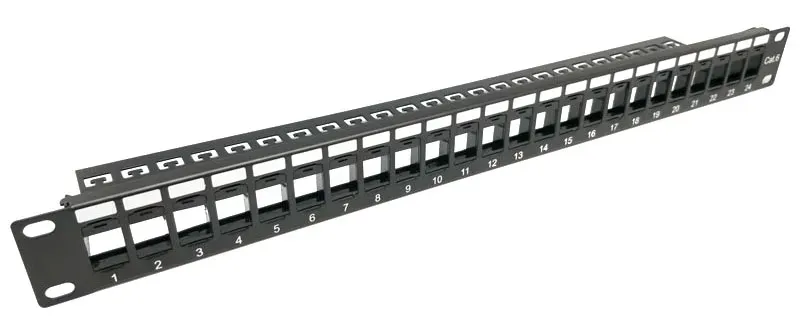 19" 1U Patch panel 24 puertos Cat.6 Vacío | Negro | Soporte desacoplable