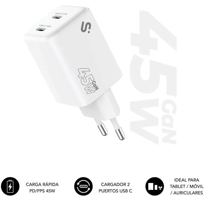 Cargador de Pared GaN Subblim 45W Charger USB C+C/ 2xUSB Tipo-C/ 45W