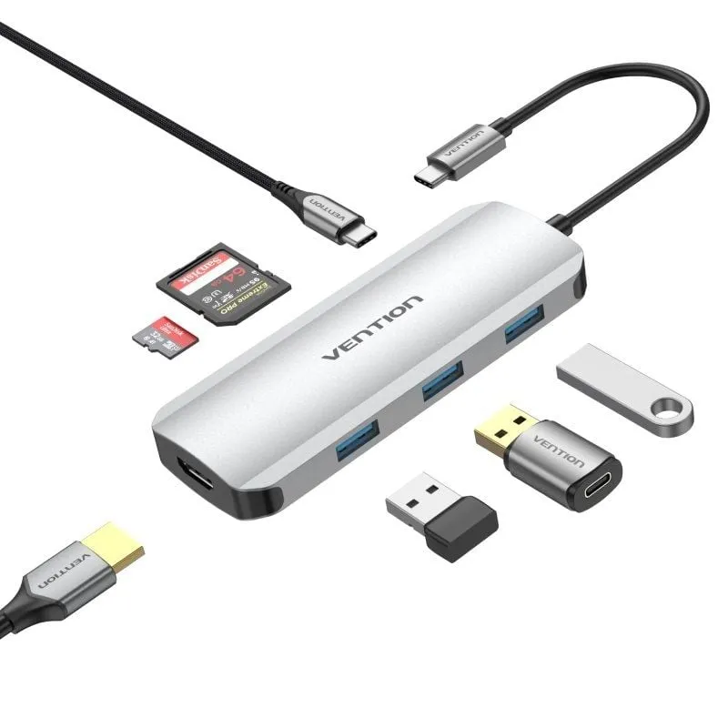 Docking USB Tipo-C Vention TOJHB/ 1xHDMI 4K/ 3xUSB/ 1xUSB Tipo-C/ 1xLector Tarjetas/ Gris
