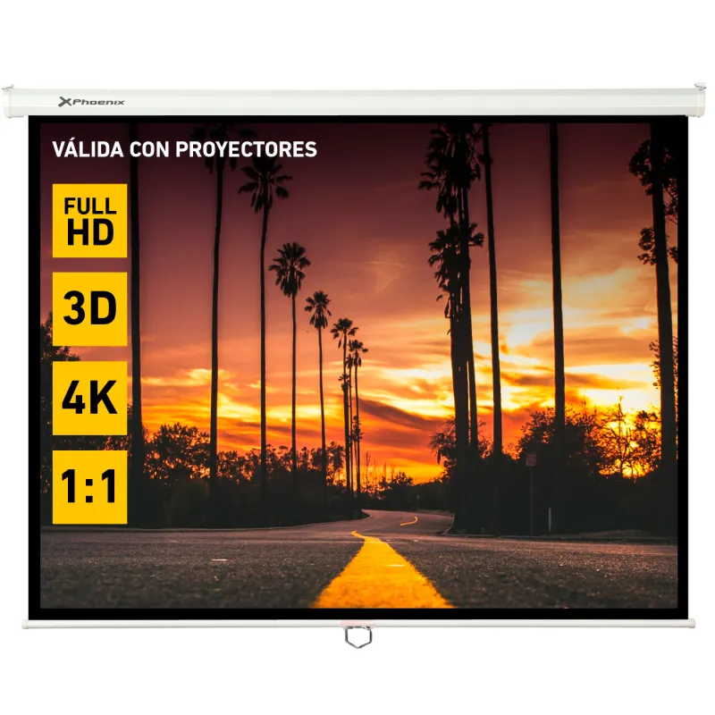 Pantalla manual videoproyector pared y techo phoenix 169´´ ratio: 1:1 - 4:3 - 16:9 -   3m x 3m posicion ajustable - carcasa blanca - tela super resistente