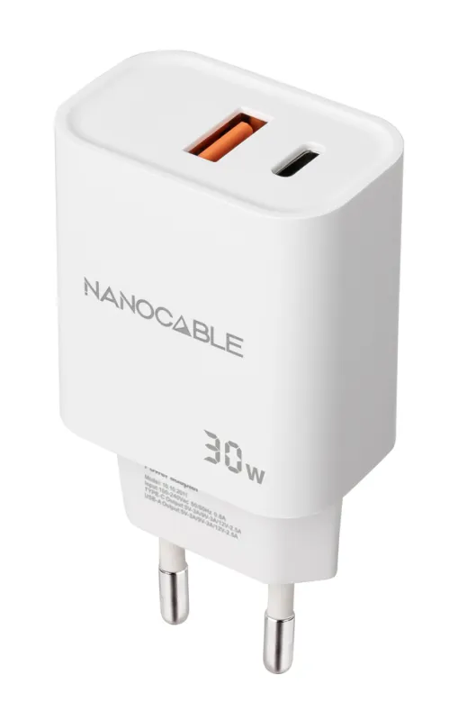 Cargador nanocable usb - c - pd + usb - a - qc 30w blanco