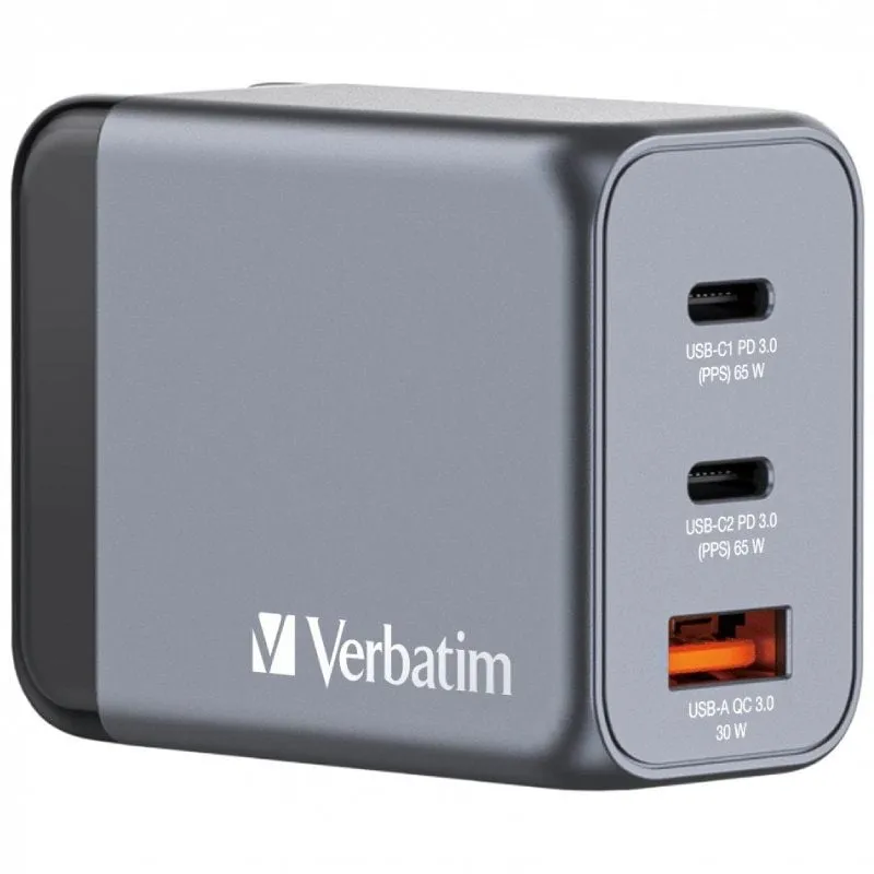 Cargador de Pared Universal GaN para Viaje Verbatim GNC-65/ 2xUSB Tipo-C/ 1xUSB/ 65W