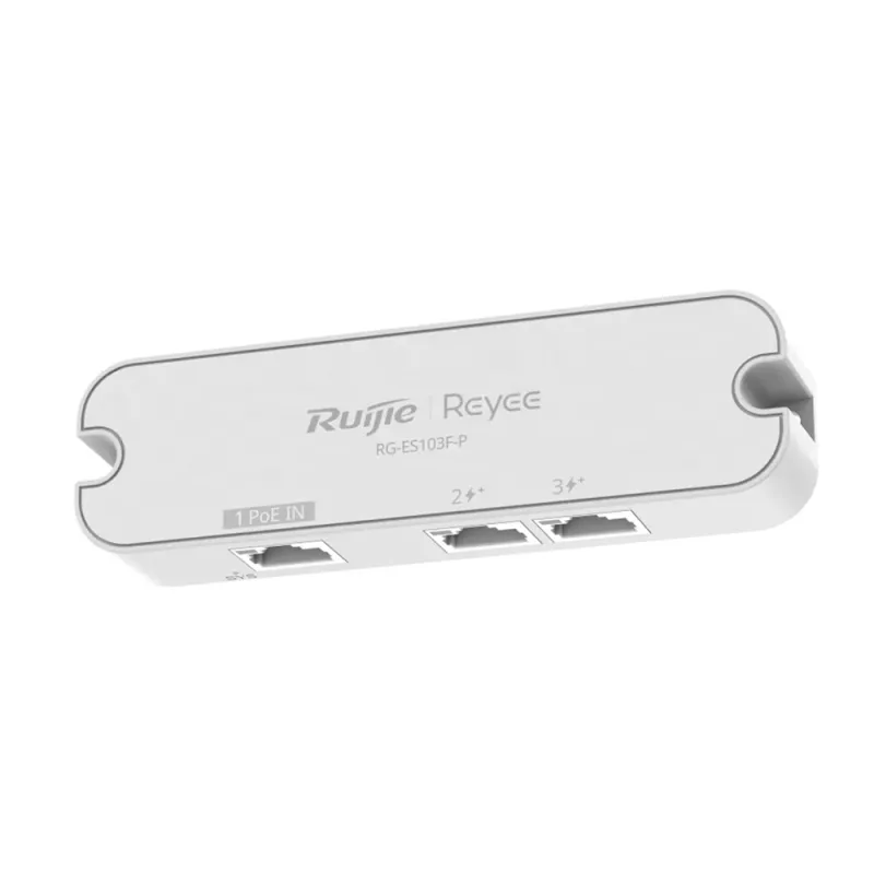 Reyee Switch Sobremesa - Switch ultracompacto con 3 puertos FE 10/100 - 2 puertos de salida PoE/PoE+ (802.3af/at) - Alimentación directa por entrada PoE (Sin DC) - Presupuesto de energía PoE de hasta 30W - Protección contra sobretensiones de 4 kV