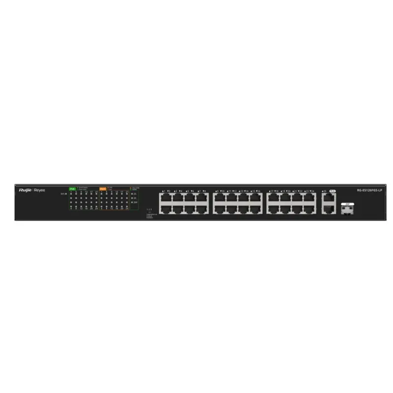 Reyee Switch PoE Enracable - 24 Puertos RJ45 + 1 Uplink RJ45 + 1 SFP Combo - 24 Puertos 10/100Mbps + 2 Puertos 10/100/1000Mbp - 24 Puertos PoE+ 802.3af/at | Potencia total 180W - Aislado de Puertos / Flow Control - Plug and Play