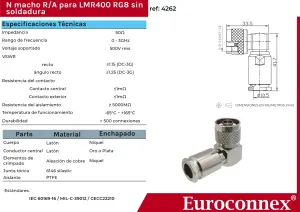 90º N Macho Soldar para LMR400, PTFE — imagen 2