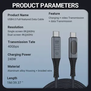 Cable USB 4.0 de 1 metro: 40Gbps, 240W de Entrega de Energía, Soporte de Pantalla 8K con Monitoreo de Potencia en Tiempo Real — imagen 2