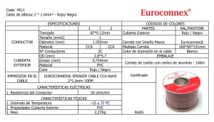 Cable de Altavoz Paralelo Bicolor Rojo/Negro 2x1.00mm² CCA, Rollo de 100m — imagen 2