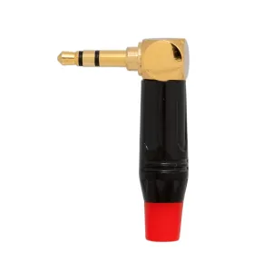 Conector Jack 3.5mm 3cont. dorado acodado  - manguito rojo — imagen 1
