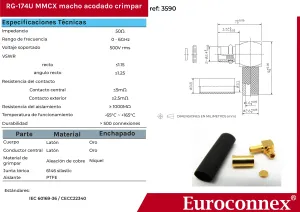 RG-174U, MMCX MACHO ACODADO, CRIMPAR, DORADO — imagen 2