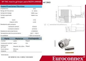 R/P LMR100/RG174, TNC Macho Crimpar, PTFE — imagen 2