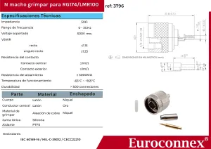 RG-174/LMR100, N Macho Crimpar, PTFE — imagen 2