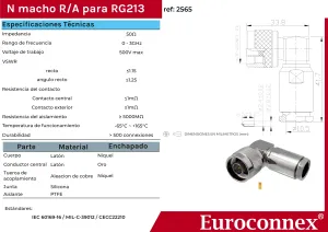 RG-213, 90º N Macho Soldar, PTFE — imagen 2